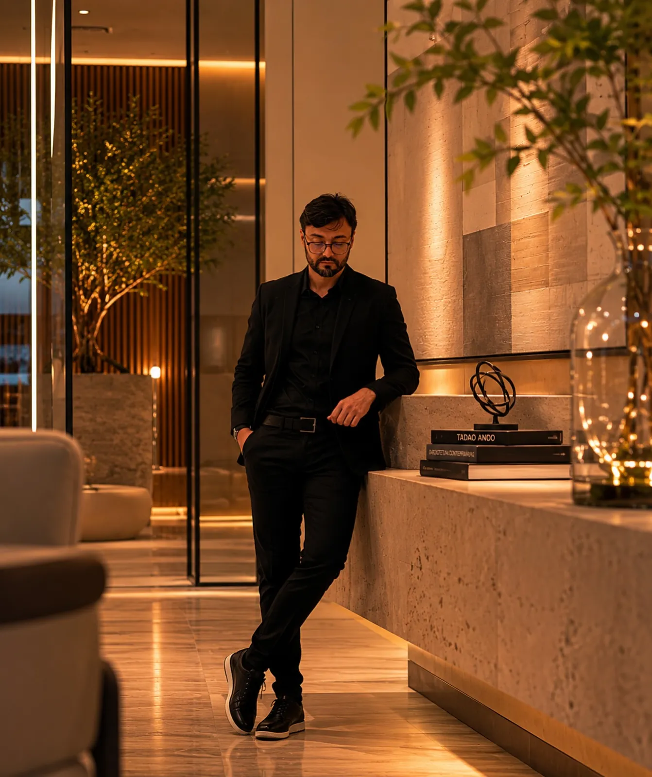 Retrato do arquiteto Kaká Pitombo em ambiente com iluminação quente